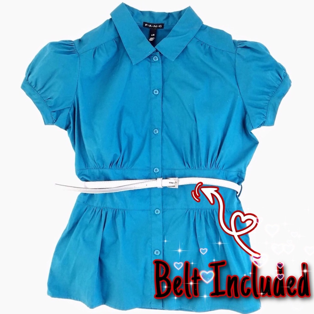 Aqua Blue Puff Short Sleeve Silver Belted Peplum Button Down Ruched Blouse